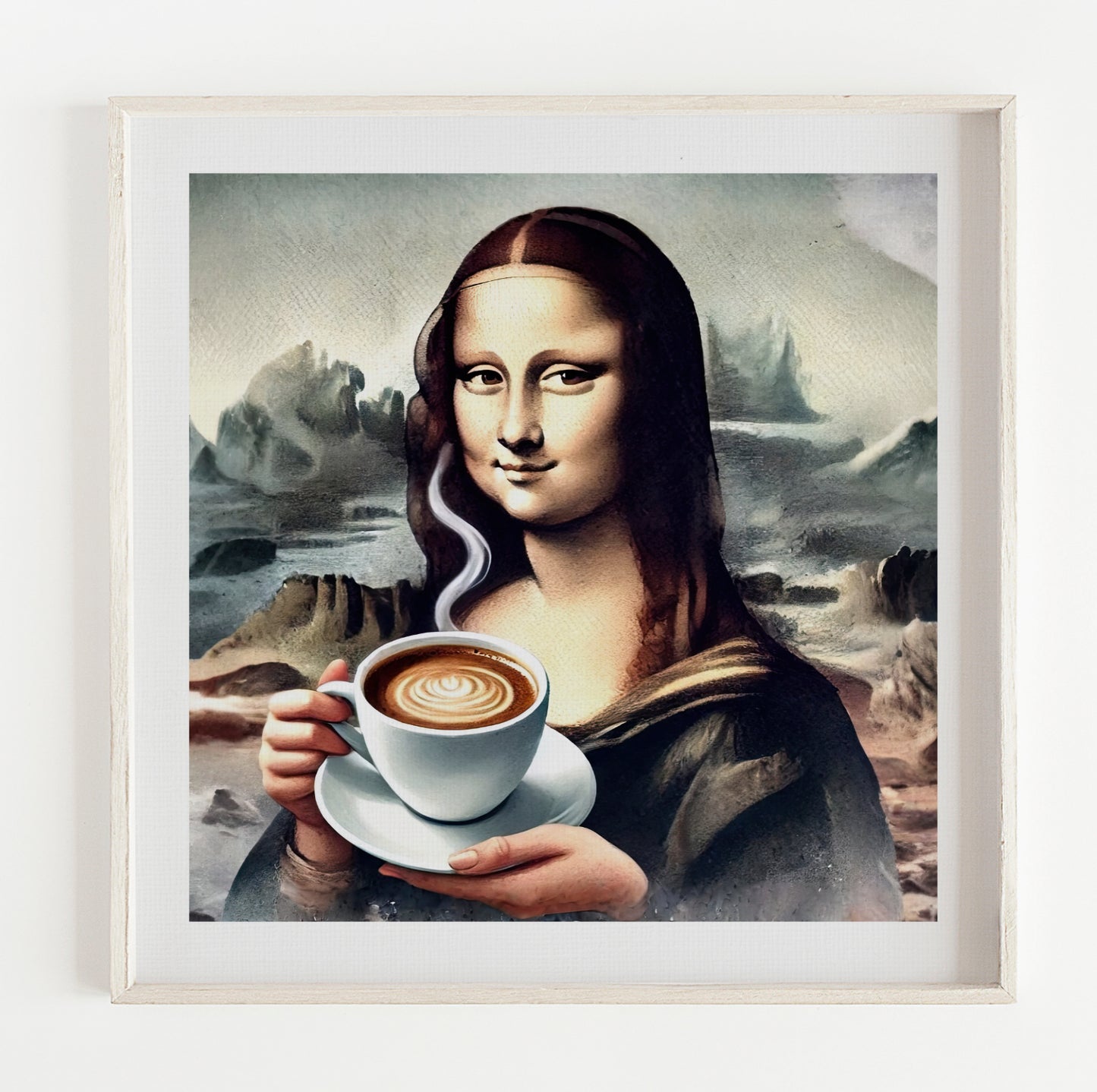 Mona Lisa Drinking Coffee Print – (12x12in)