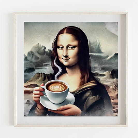 Mona Lisa Drinking Coffee Print – (12x12in)