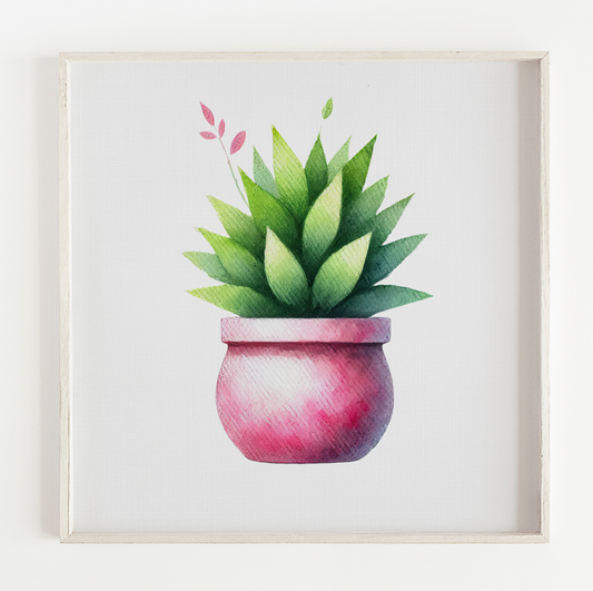 Pink pot plant botanical illustration print (12x12in)
