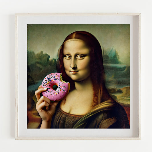 Mona Lisa Eating Donut illustration Print (12x12in)