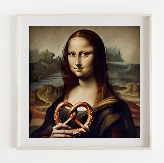 Mona Lisa Eating Pretzel illustration Print (12x12in)