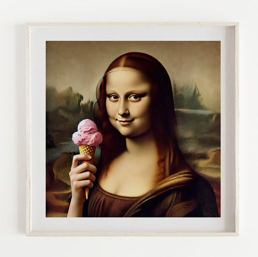 Mona Lisa eating strawberry ice cream illustration print (12x12in)