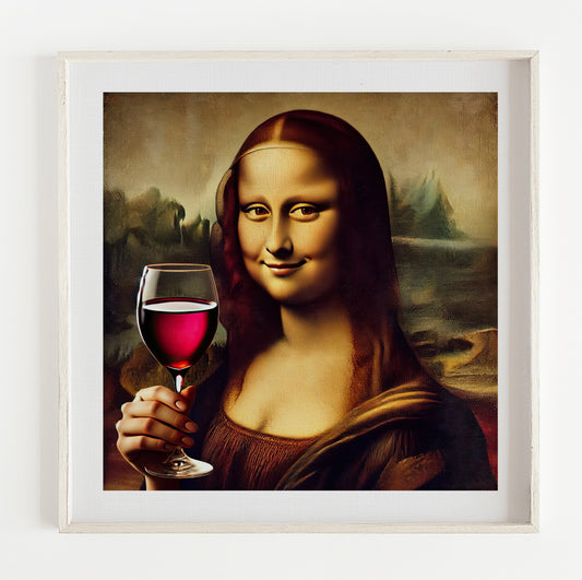 Mona Lisa Drinking Wine Illustration Print (12x12in)