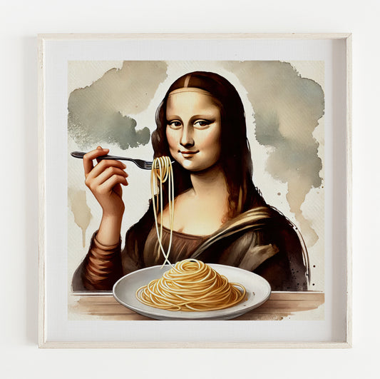 Mona Lisa Eating Spaghetti Print – (12x12in)